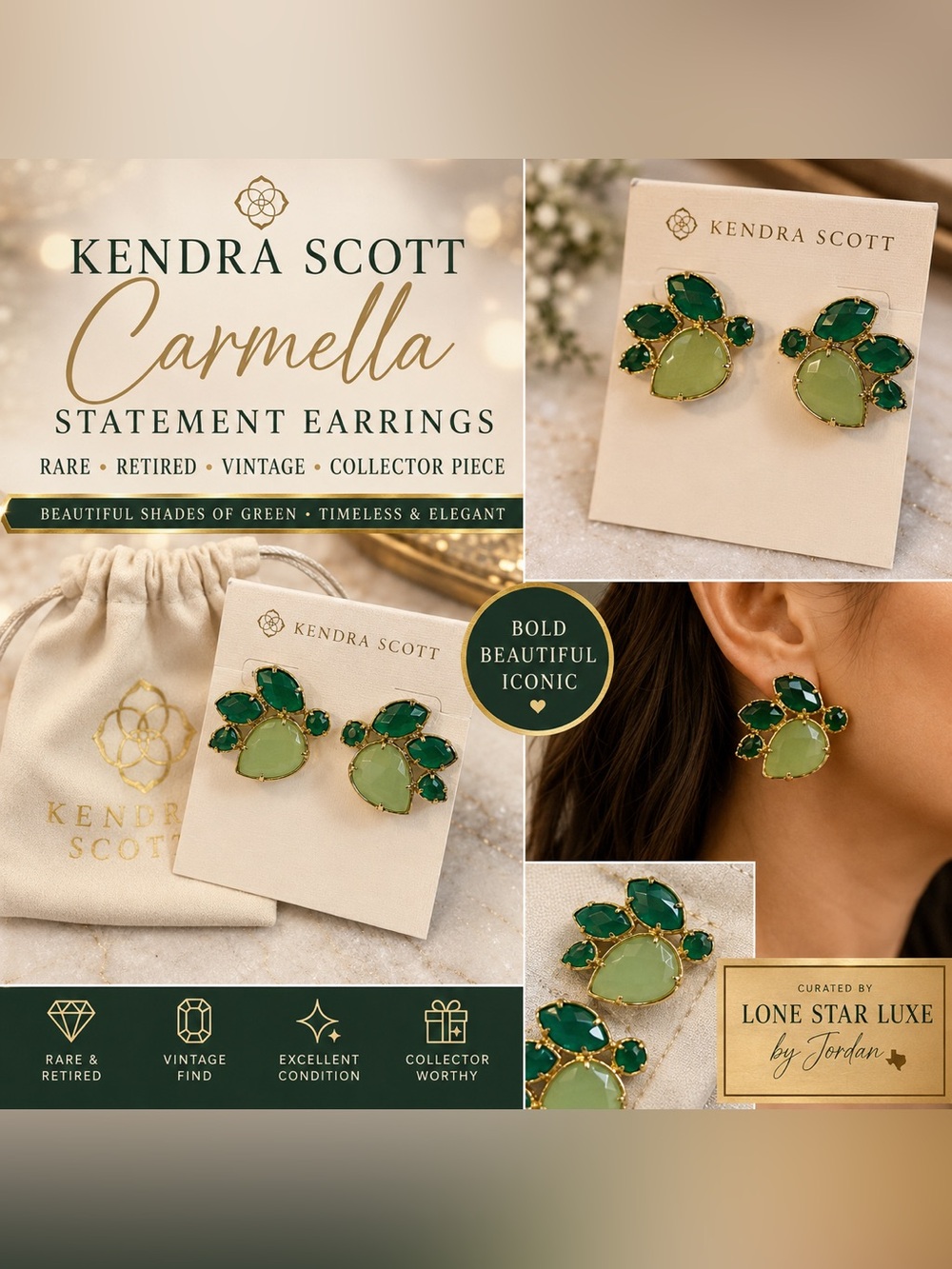 RARE Retired Kendra Scott Carmella Green Statement Earrings